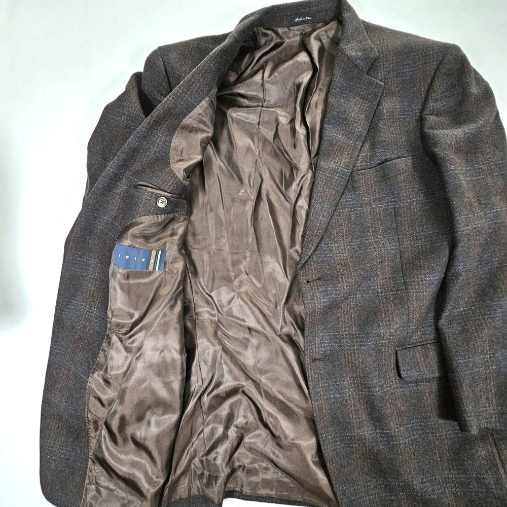 Ibiza Mens 44L Sport Coat Brown Blue Plaid 100% Wool Blazer Lanificio Puro Italy